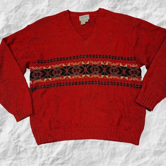 Vintage‎ USA Eddie Bauer V Neck  Nordic Fair Isle Sweater Wool Blend XL Red - Picture 1 of 5